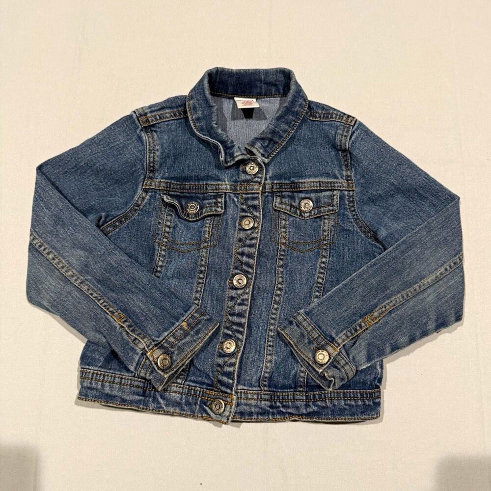 Arizona Jeans Girls Blue Denim Jacket 6 Button Front Pockets Short Long Sleeve